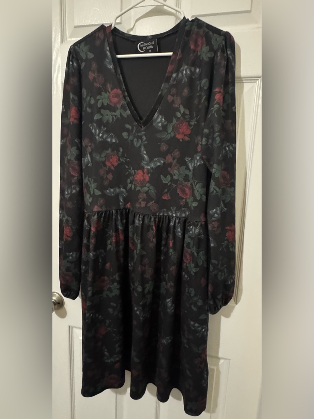 NWOT Midnight Hour Black Bat Red Rose Long Sleeve Knee Length Dress Size XL